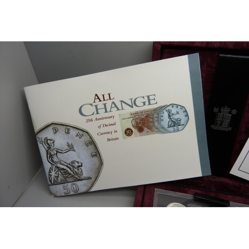 855 - A Royal Mint 1996 UK Silver Anniversary Collection, 25th anniversary of decimalisation seven coin se... 