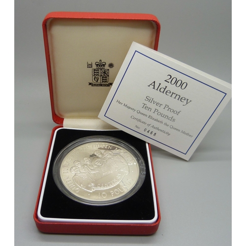 856 - A Royal Mint 2000 Alderney Silver Proof Ten Pounds coin, boxed, with certificate no.0468, 155.55gms,... 