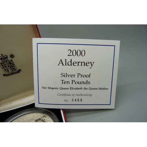 856 - A Royal Mint 2000 Alderney Silver Proof Ten Pounds coin, boxed, with certificate no.0468, 155.55gms,... 