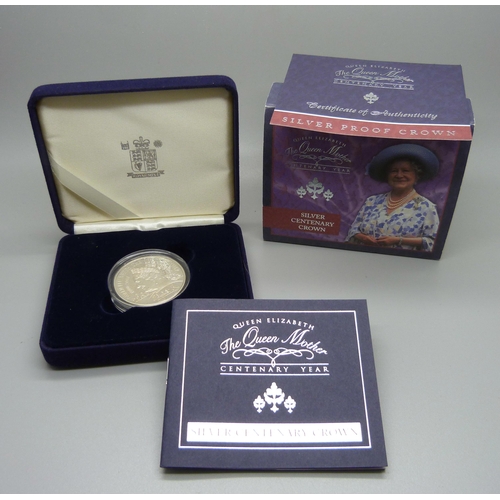 857 - A Royal Mint The Queen Mother Centenary Year Silver Proof Crown, boxed