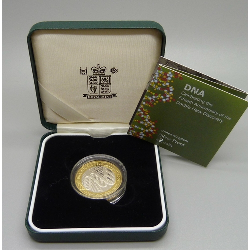 858 - A Royal Mint UK Silver Proof £2 Coin, Celebrating the 50th Anniversary of the DNA Double Helix Disco... 