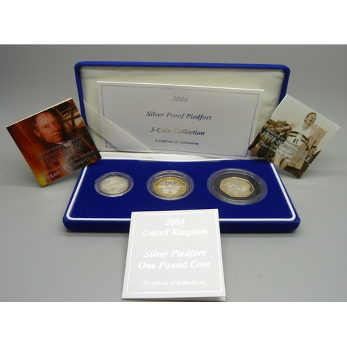 860 - A Royal Mint 2004 Silver Proof Piedfort 3-Coin Collection including Four-Minute Mile 50p, boxed, wit... 