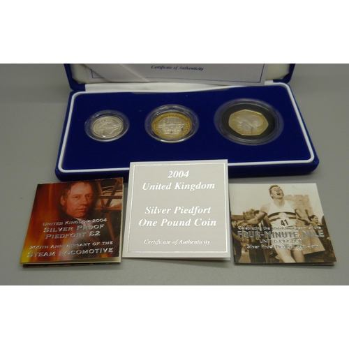 860 - A Royal Mint 2004 Silver Proof Piedfort 3-Coin Collection including Four-Minute Mile 50p, boxed, wit... 