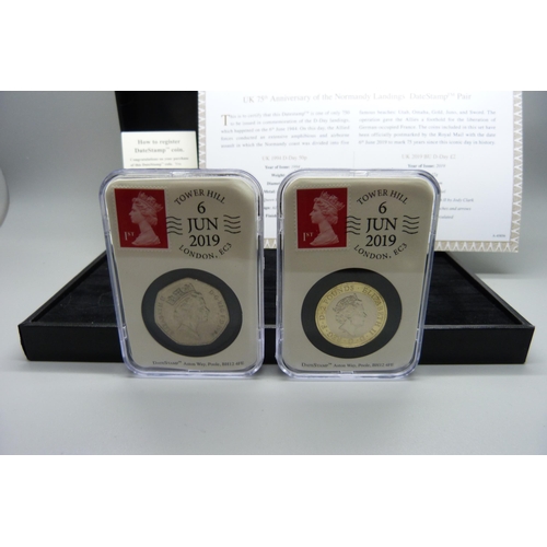 864 - Two coins; UK 75th Anniversary of the Normandy Landings DateStamp Pair, 50p & £2 coin, boxed, with c... 