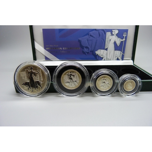 865 - A Royal Mint 2001 Silver Proof Britannia Collection, four coins, boxed, with certificate