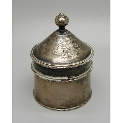 866 - A Russian silver circular pot with lid, marked 84, 71g, height 62mm