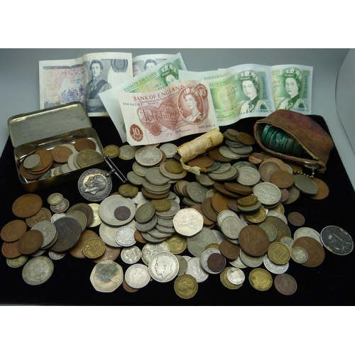 874 - A collection of coins and banknotes, 90g of Victorian silver coins, 60g of pre 1920 silver coins, 17... 