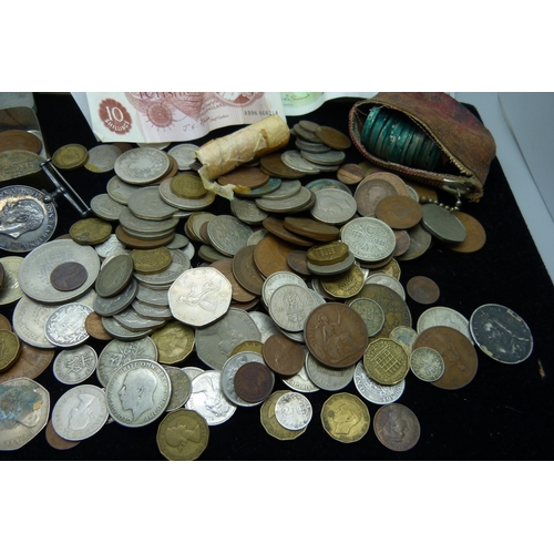 874 - A collection of coins and banknotes, 90g of Victorian silver coins, 60g of pre 1920 silver coins, 17... 