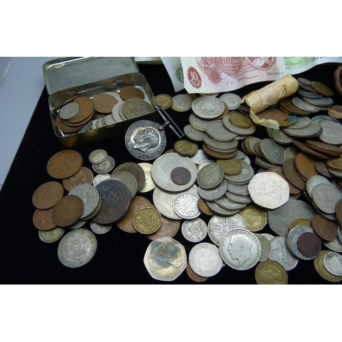 874 - A collection of coins and banknotes, 90g of Victorian silver coins, 60g of pre 1920 silver coins, 17... 