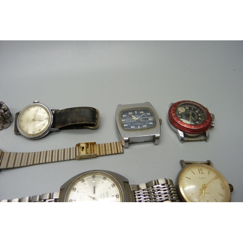 881 - A collection of vintage wristwatches, MuDu, Seiko 5, Buler, Globa with red bezel, etc.