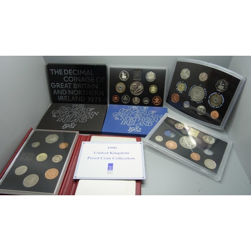 898 - Seven GB proof coin sets, one lacking two coins