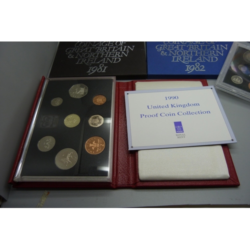 898 - Seven GB proof coin sets, one lacking two coins