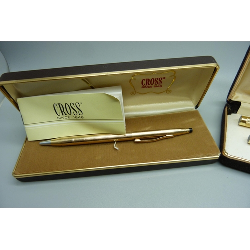 904 - A Sheaffer gold plated pen set, ink pen with 14ct gold nib and a Cross ballpoint pen, both cased