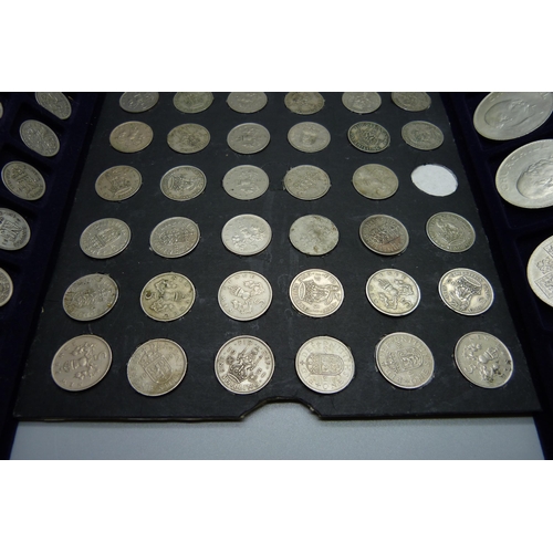 907 - A collection of coins, crowns including Churchill, post 1946 one shilling and sixpence coins, etc.