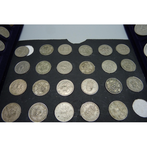 907 - A collection of coins, crowns including Churchill, post 1946 one shilling and sixpence coins, etc.