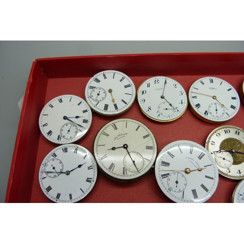 923 - Eighteen pocket watch movements; Waltham x7 and Hamilton included