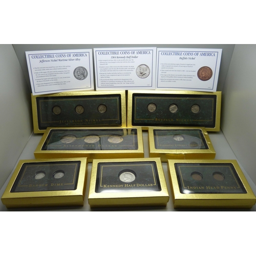 925 - Collectable coins of America, a display case with seven sets of coins; Buffalo Nickel x3, Jefferson ... 