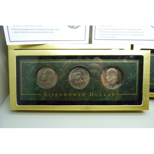 925 - Collectable coins of America, a display case with seven sets of coins; Buffalo Nickel x3, Jefferson ... 