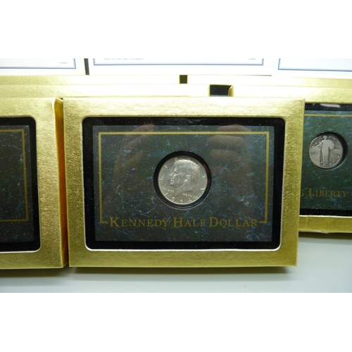 925 - Collectable coins of America, a display case with seven sets of coins; Buffalo Nickel x3, Jefferson ... 