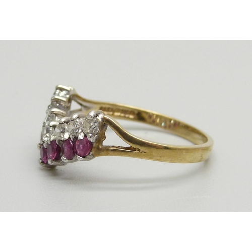 953 - A 9ct gold, ruby and zircon wishbone ring, 1.8g, N