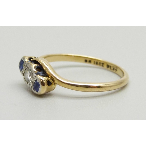 956 - An 18ct gold, platinum set sapphire and diamond ring, 2.5g, M