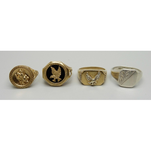 977 - Three 9ct gold rings, 12.9g, X/Y, and a silver ring, Z