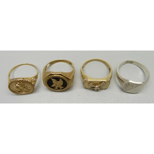 977 - Three 9ct gold rings, 12.9g, X/Y, and a silver ring, Z