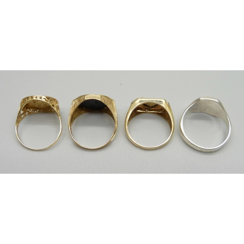 977 - Three 9ct gold rings, 12.9g, X/Y, and a silver ring, Z