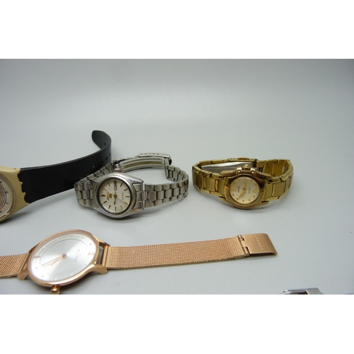 982 - Two lady's Skagen wristwatches, a Swatch wristwatch and two Seiko wristwatches