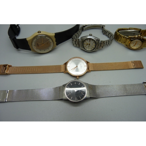 982 - Two lady's Skagen wristwatches, a Swatch wristwatch and two Seiko wristwatches