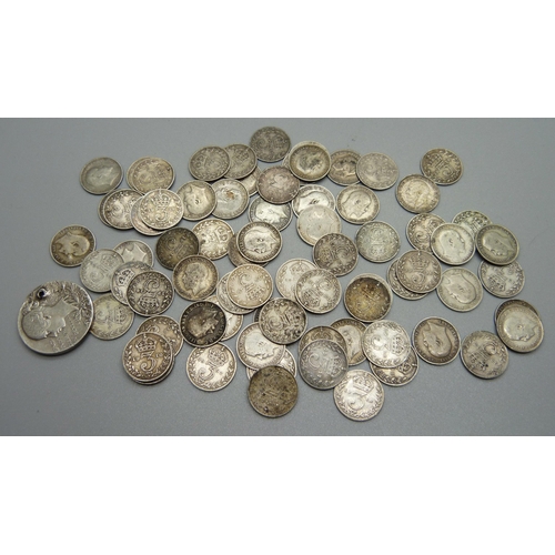 992 - A collection of 3d silver coins, pre 1920, 100g, and a medallion, drilled, 9g