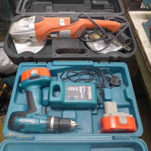 2014 - A Makita drill (model:- 8391D) with two batteries and Black and Decker angle grinder