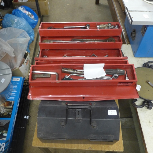 2020 - 2 Metal tool boxes with quantity of hand tools including spanners, sockets, etc.