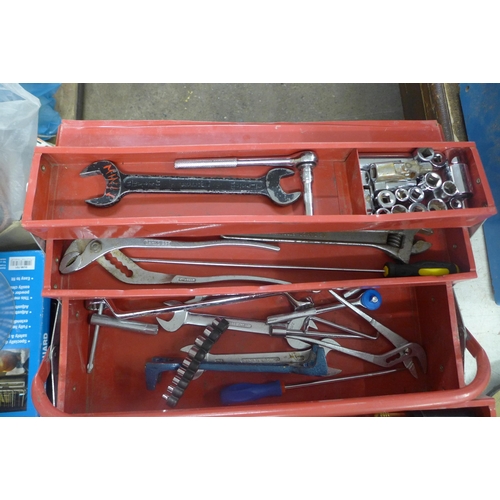 2020 - 2 Metal tool boxes with quantity of hand tools including spanners, sockets, etc.