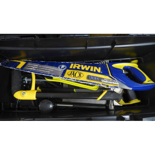 2021 - A Keter tool box 26 with a set of mainly Stanley tools including saws, hammers, tape measure, wire b... 