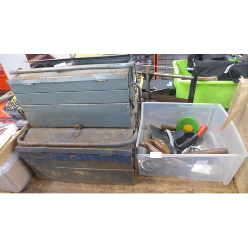 2027 - Three metal toolboxes - all with hand tools and another box of tools including screwdrivers, saws, s... 