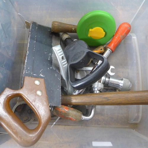 2027 - Three metal toolboxes - all with hand tools and another box of tools including screwdrivers, saws, s... 