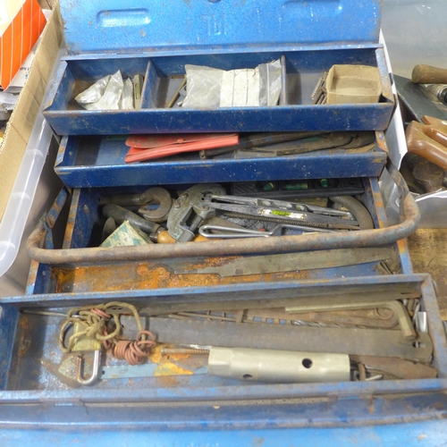 2027 - Three metal toolboxes - all with hand tools and another box of tools including screwdrivers, saws, s... 