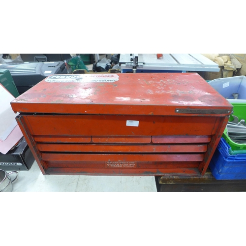 2035 - A red metal tool chest with approximately 70 assorted tools mostly sockets with socket set in tin ca... 