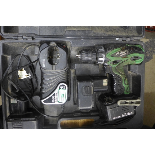 2044 - A Hitachi 14.4v drill with 3 batteries in case - W - with Makita drill and torch