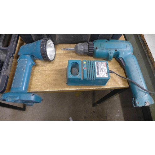 2044 - A Hitachi 14.4v drill with 3 batteries in case - W - with Makita drill and torch