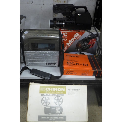 2072 - Assorted video equipment, including:- JVC GR45 video camera, Hitachi cassette recorder, Sony Trinico... 