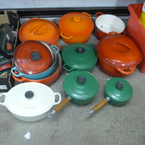 2074 - Nine cast iron cooking items including La Creuset