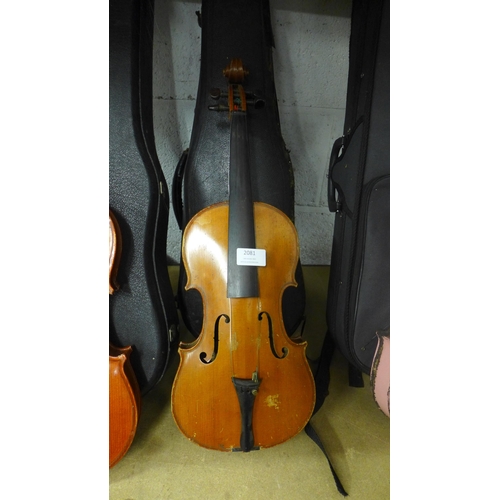 2081 - A Hawkes and Sons violin in hard case with replacement strings and bow