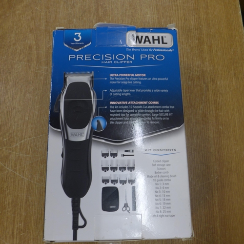 2104 - A Wahl Precision Pro hair clipper with case and multiple hair cutting attachments