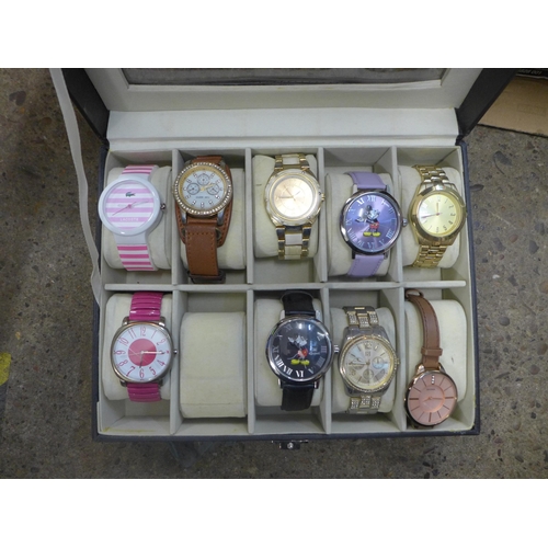 2124 - A box of gold-plated jewellery, nine lady's watches and ring boxes