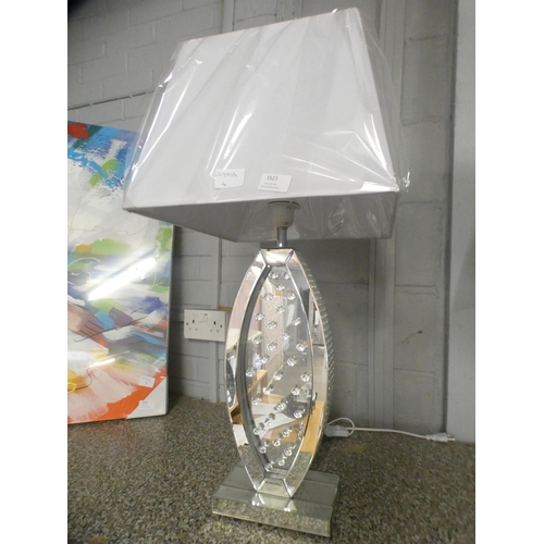 1523 - A large jewelled and mirrored table lamp with white shade