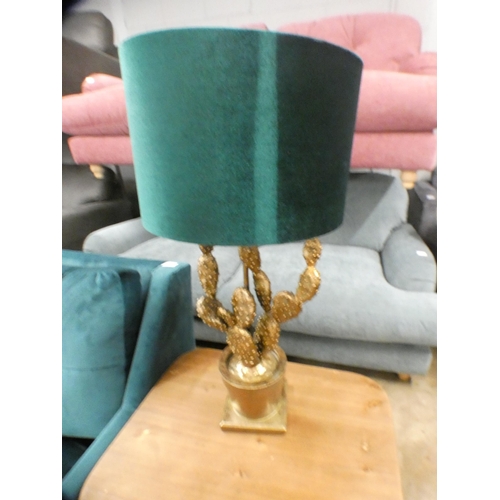 1459 - A gold cactus table lamp with green velvet shade