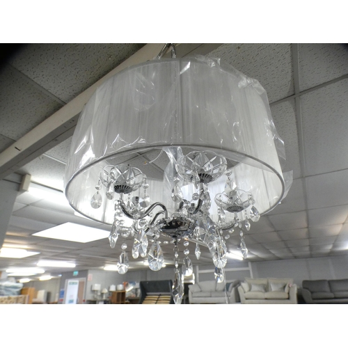 1467 - A chrome five arm chandelier with white shade