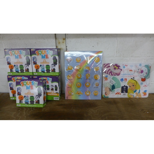 2319 - Five boxes of Halloween squish me slow rising squishes (6 per box), emoji magnets and Alice in wonde... 